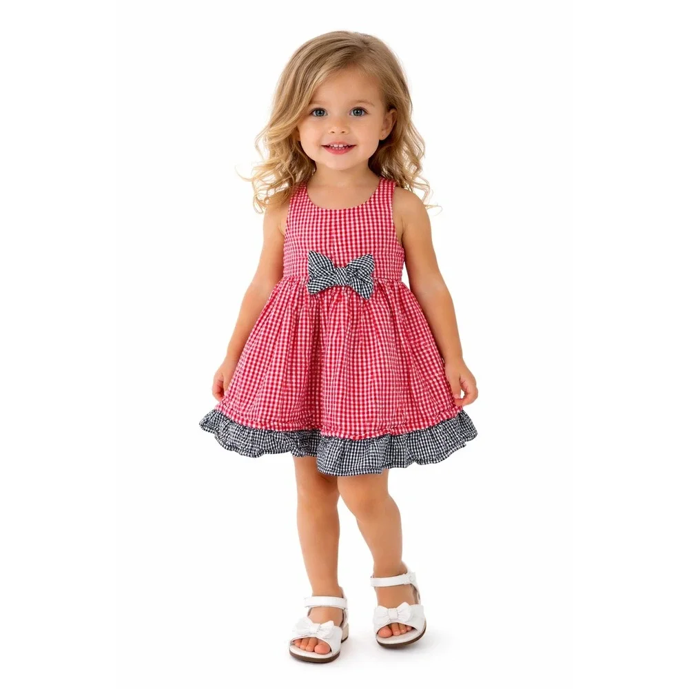 Marmellata Baby Girl Gingham Dress 24M Red White Blue Bow Sleeveless Cottagecore